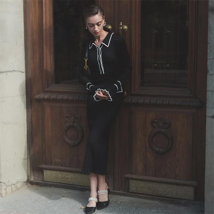 European-American Luxury Ruffled Knit Dress: Autumn Mid-Length with Lapel & Trumpet Sleeves