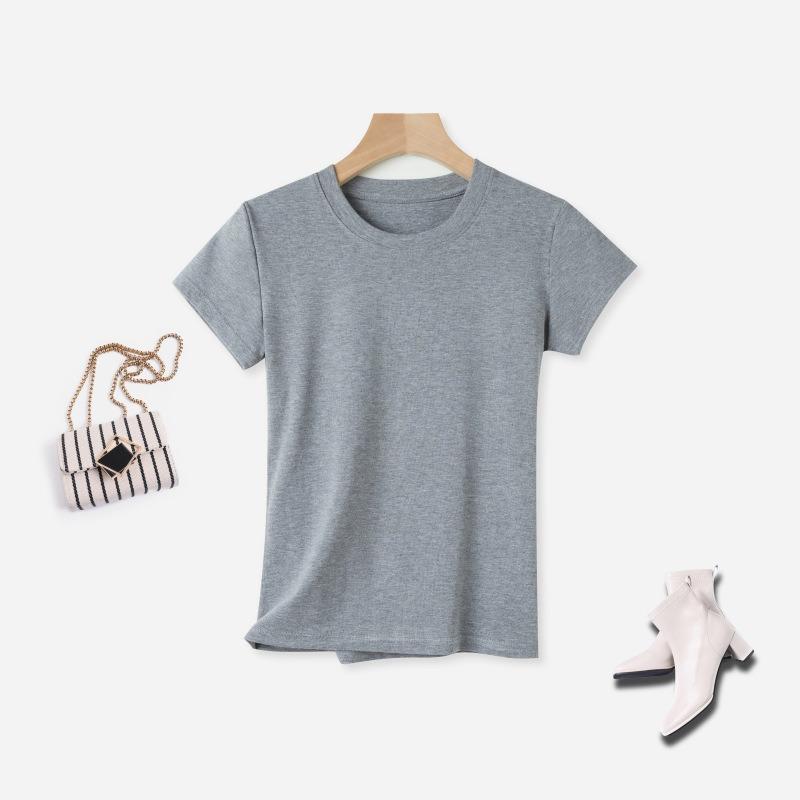 Summer new front shoulder crew neck short-sleeved shirt women's trendy solid color inner layer slim slimming bottom top