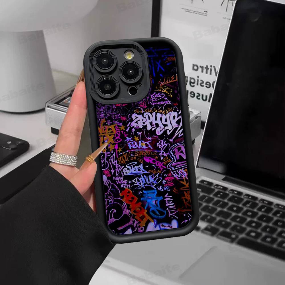 Stylový černý graffiti kryt na telefon pro iPhone 11 12 13 16 15 17 14 Pro Max Měkký silikonový kryt Funda