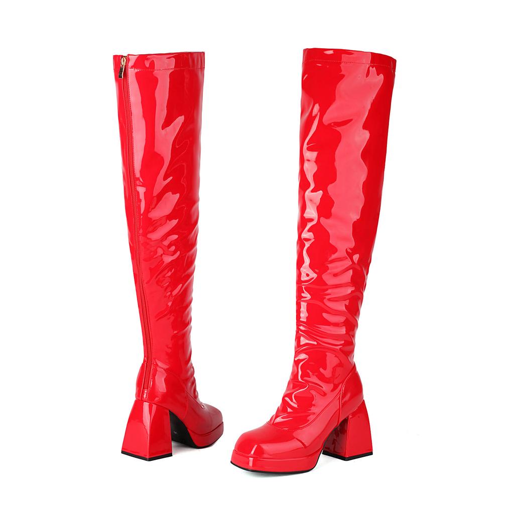 Winter Thigh High Boots Women's Patent Leather Pleated Boots Over the Knee Soft PU Chunky 9cm Heels Platform Shoes