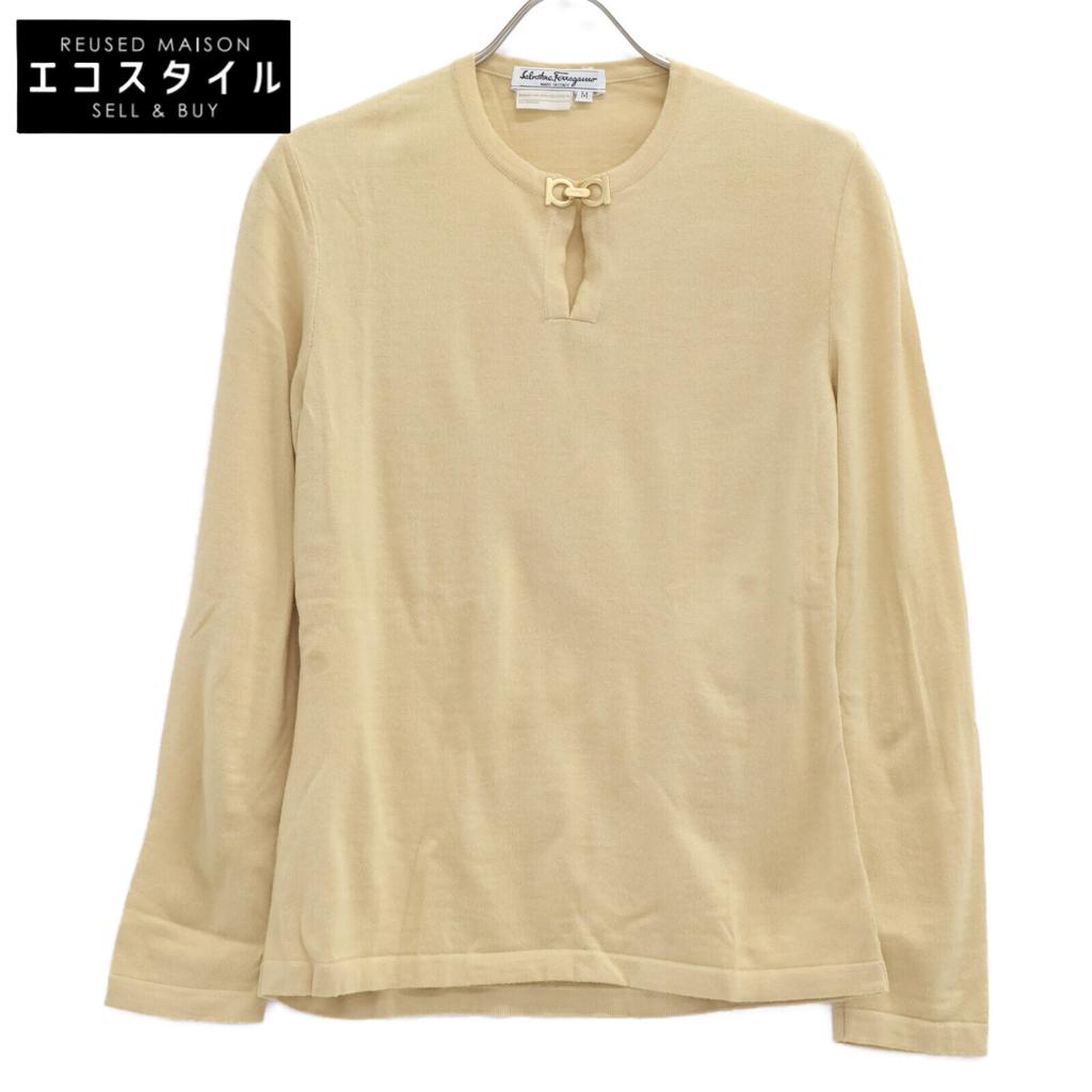 Salvatore Ferragamo Beige Wool Gancini Cool Neck Knit Tops M beigeUsed