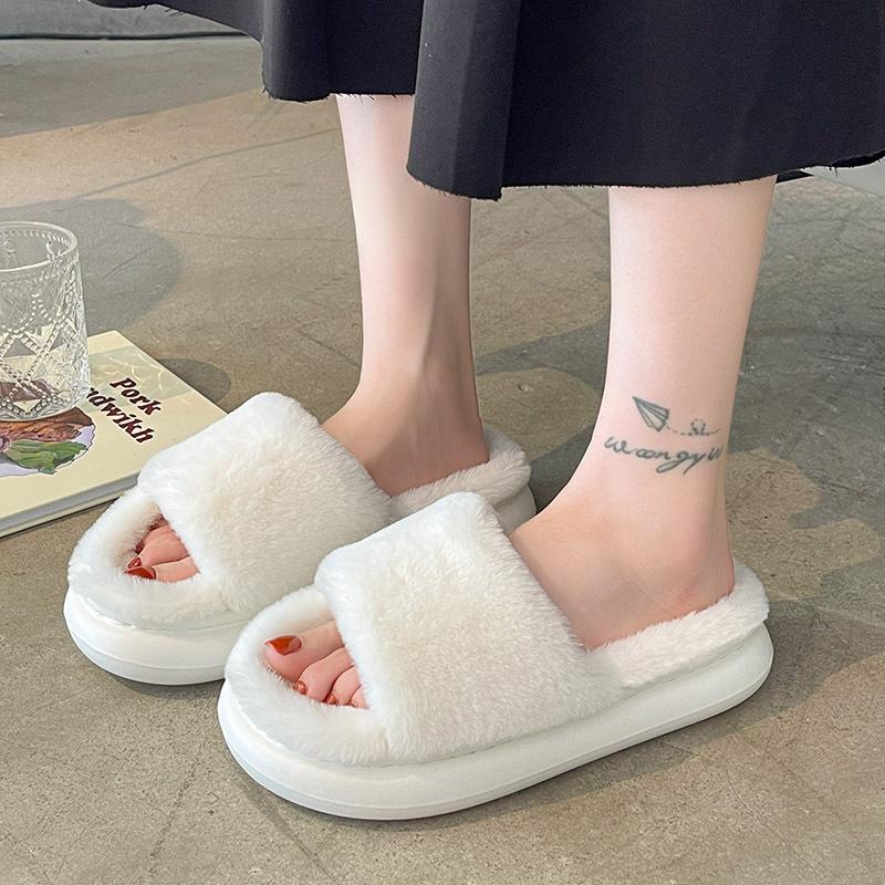 Thick-soled Fluffy Slippers for Women To Wear Autumn and Winter Trendy New Soft Fluffy Semi-cotton Slippers Spring and Summer