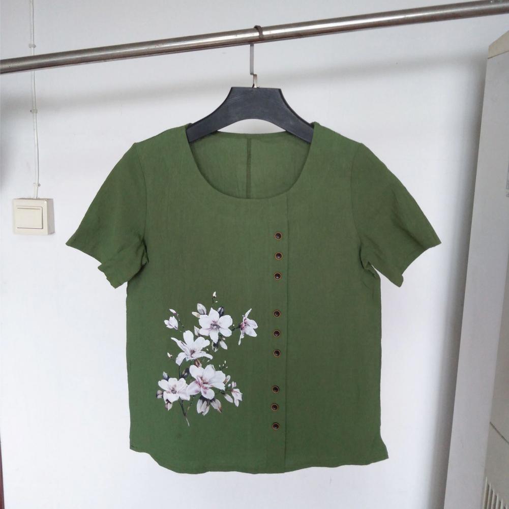 Women Summer T-shirt Round Neck Short Sleeve Flower Print Tee Shirt Buttons Decor Loose Fit Casual Tops Daily Wear