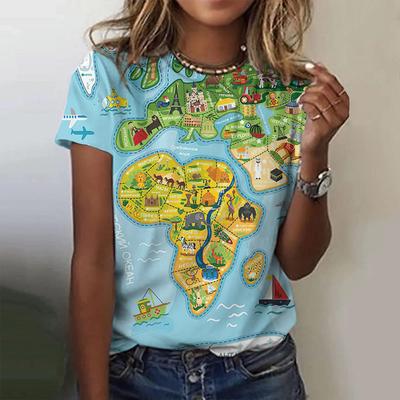 Summer Style Loose Oversized Short Sleeve Women's Top Loose And Casual Printed T-Shirt Fashion Harajuku Map Print T Sthirt