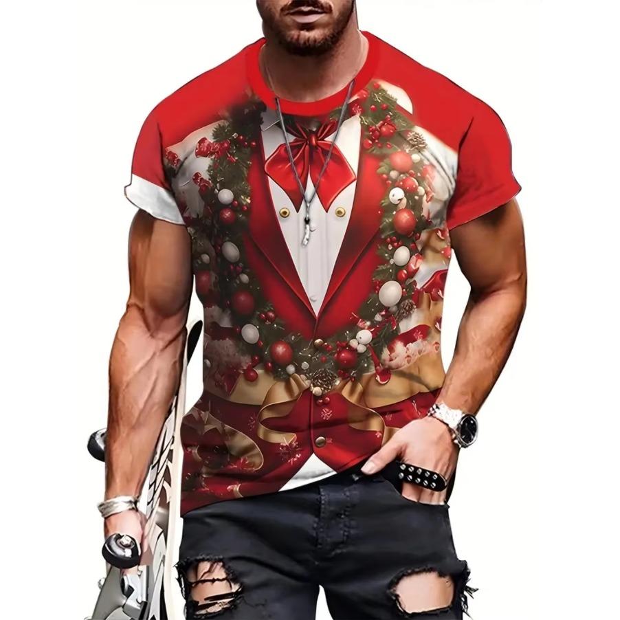 Funny Men's T-Shirts Santa Claus Christmas Oversized Short Sleeve with Snowflakes Print Red Casual O-Neck Outfit Men Clothing