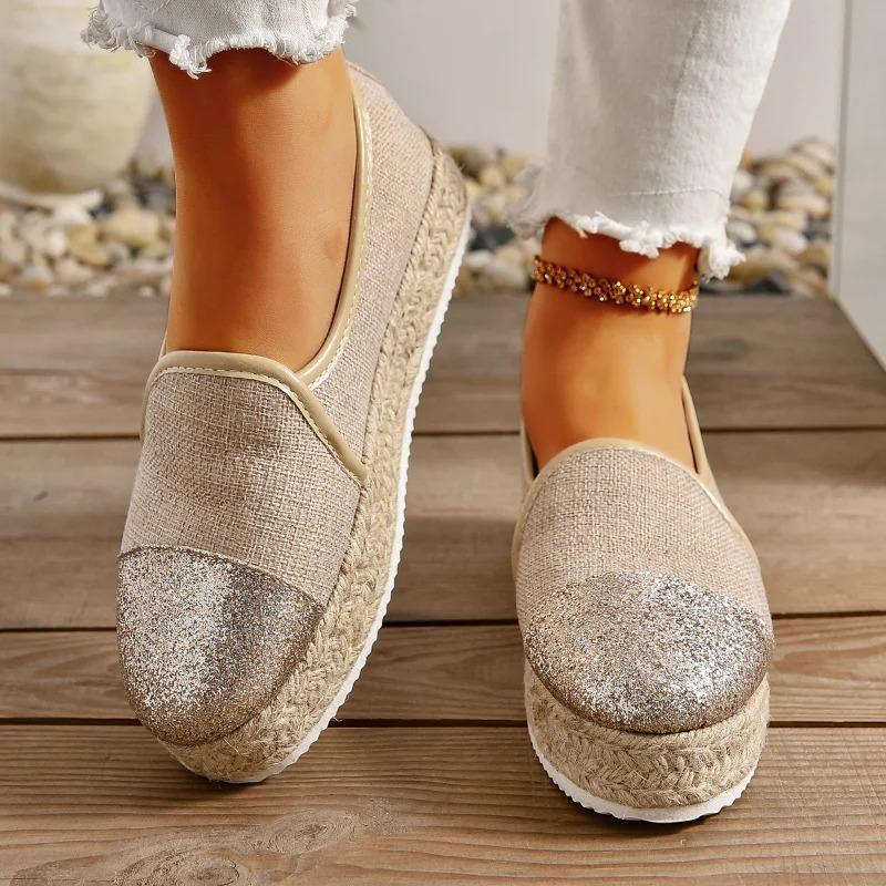 Platform Shoes Grass Woven Women Casual Slip-on Barefoot Comfortable Non-leather Loafers Big Size 42 43