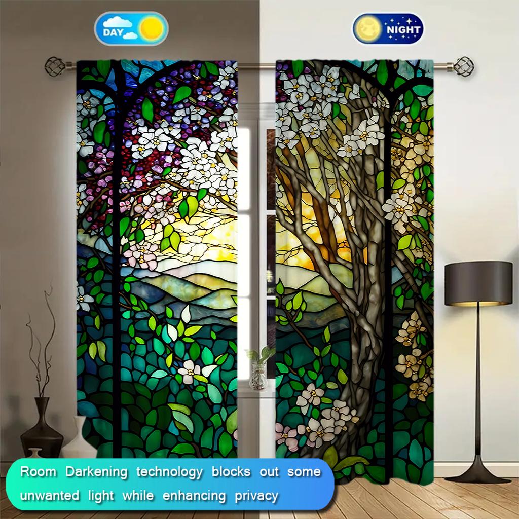 2 Stück Buntglas Baum Fenster Bedruckter Vorhang für Heimdeko - Stangentasche Fensterbehandlung für Schlafzimmer, Büro, Küche