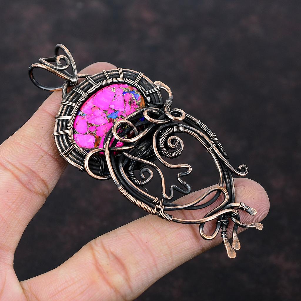 Natural Kingman Pink Dahlia Turquoise Pendant Copper Wire Wrapped Jewelry Handmade Gemstone Pendant Copper Pendant Gift For Mom Wire Pendant