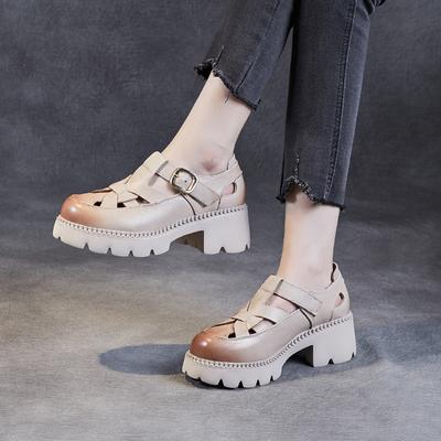 Plateausandalen aus Rindsleder der ersten Schicht für Damen Sommer 2025 neu atmungsaktiv hohl Retro Muffin römische Slipper Damen