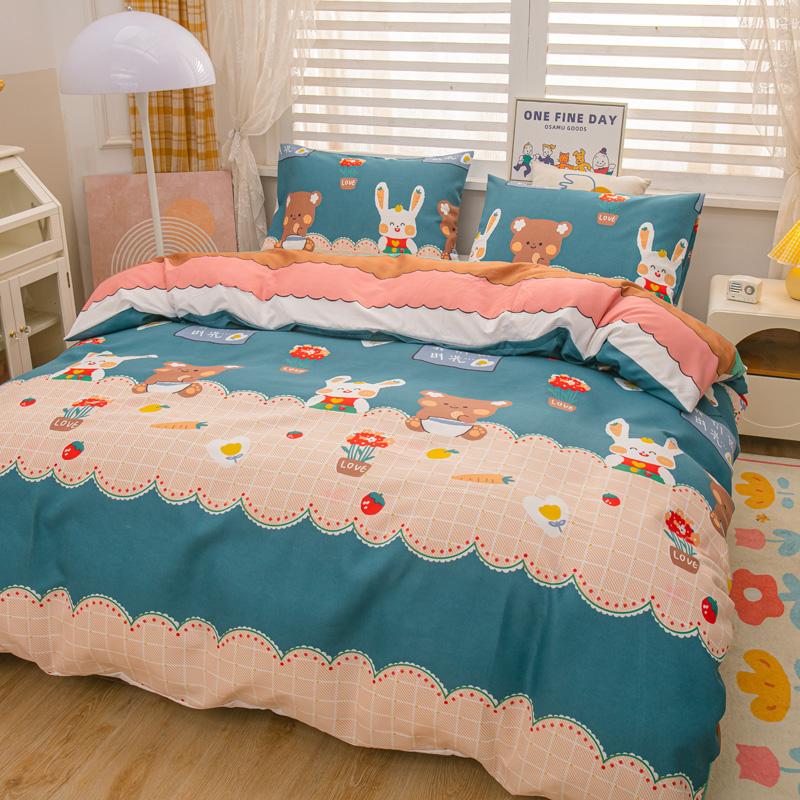 Cartoon Animal Rabbit Bear Duvet Cover Girls Strawberry Floral Bedding Set Reversible Kawaii Comforter Cover With 2 Pillowcase