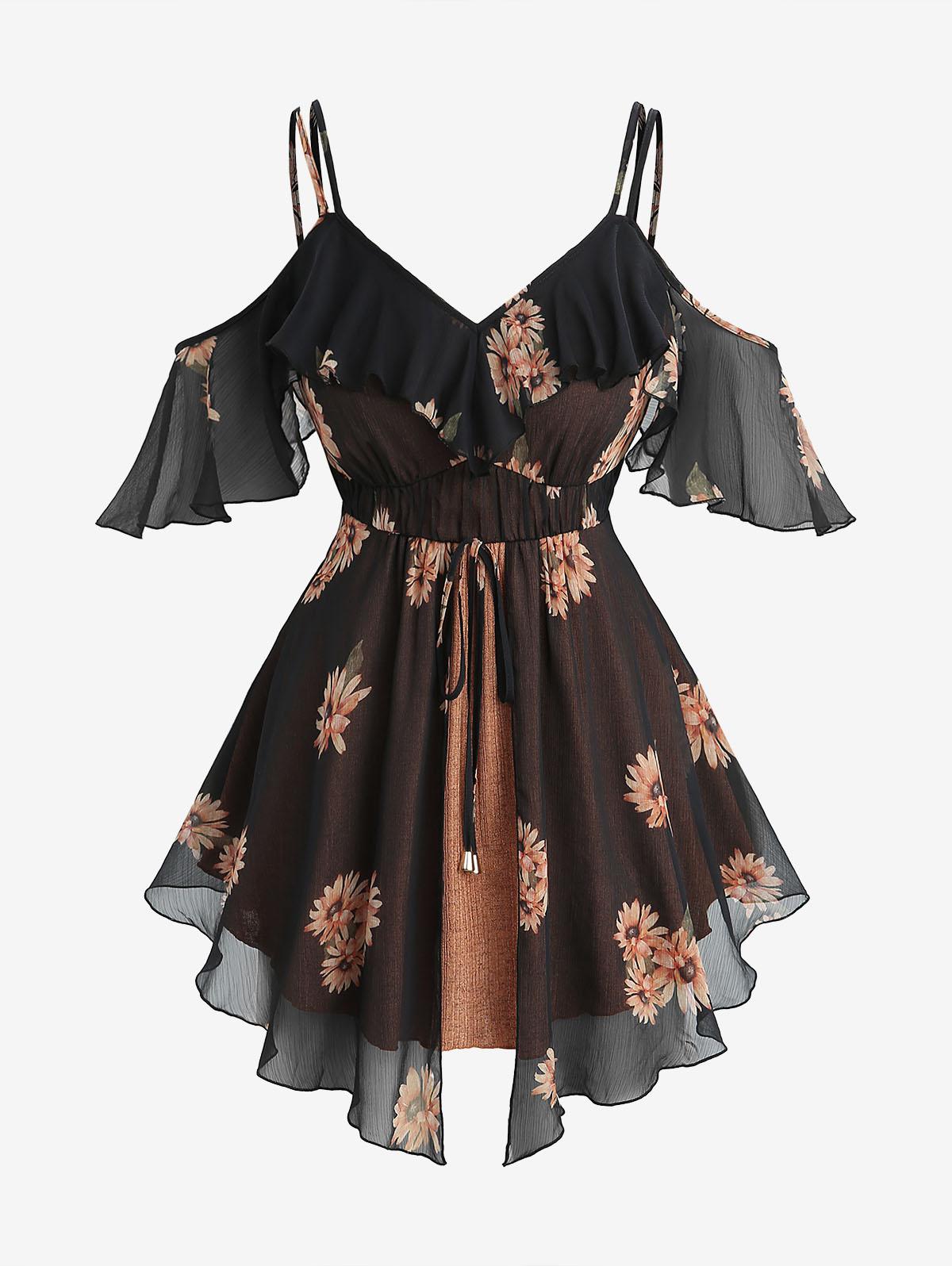 

Rosegal Plus Size Sunflowers Print Ruffles Cover Cold Shoulder Blouse M