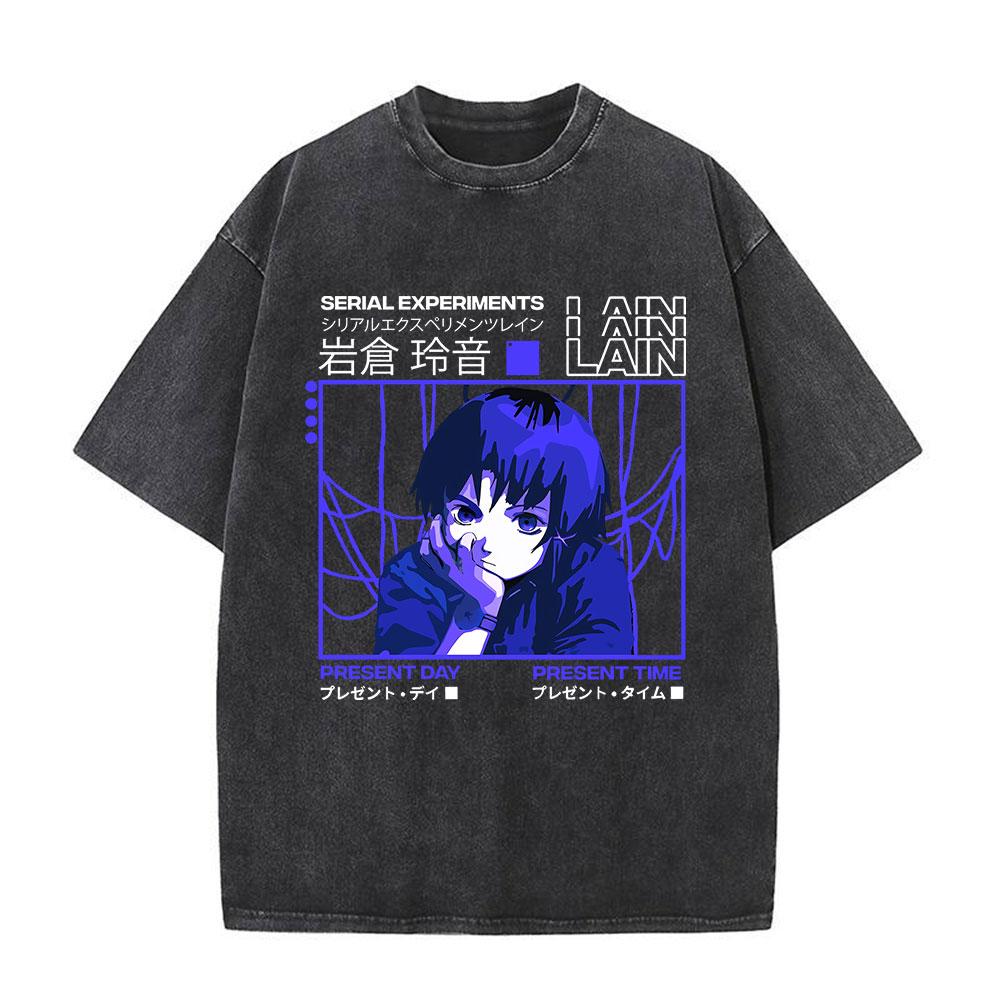 Japanese Anime Serial Experiments Lain Vintage Washed T Shirt Manga Iwakura Girl Sci Fi T-shirts Men 100% Cotton Casual T Shirt