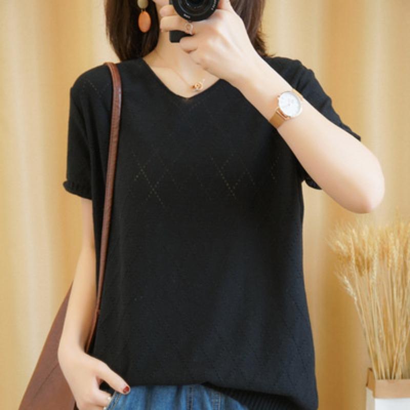 Pure Cotton V-neck Hollow Sweater Short-sleeved Women's Summer New Fashionable Versatile T-shirt Comfortable Breathable Thin Top