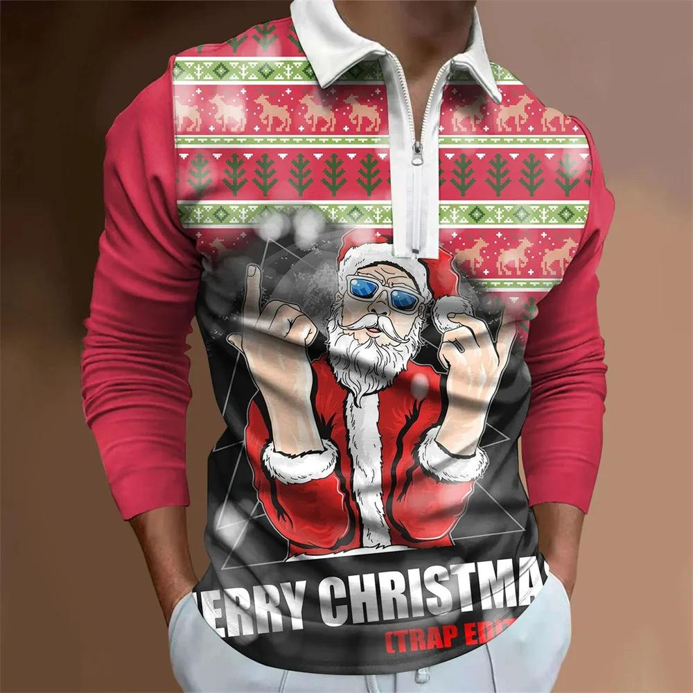 Father Christmas cartoon pattern digital 3D printing polo shirt large size loose men's zip lapel shirt
