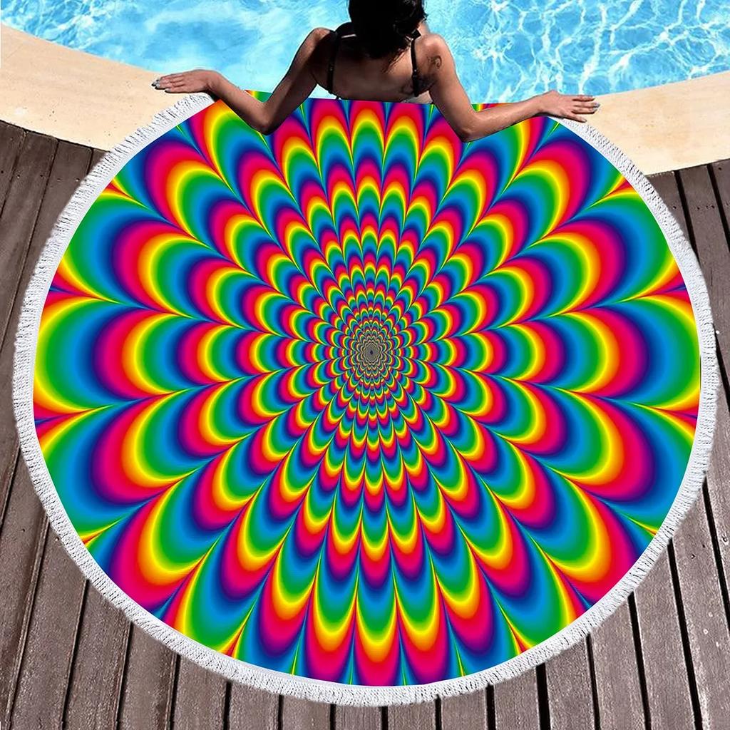 Round Beach Towel Psychedelic Surrealism Beach Blanket,Soft Comfortable Anti-Sand Absorbent Quick-drying Pool Towel Picnic Mat