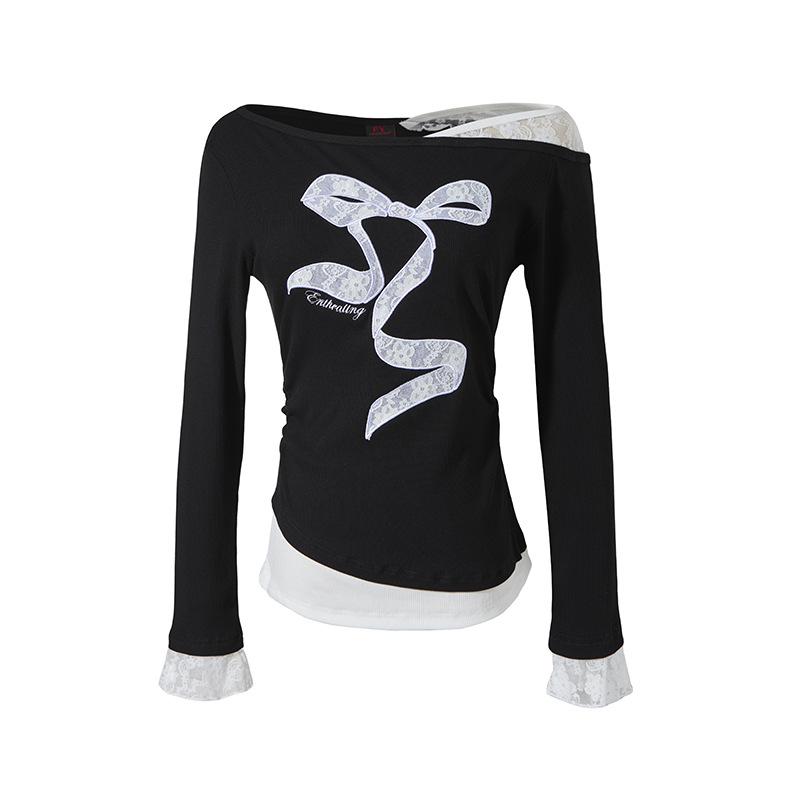 Korean Sweet Lace Trim Bow Off-shoulder Long Sleeve T-shirt for Women - Spring/Autumn Medium чёрный
