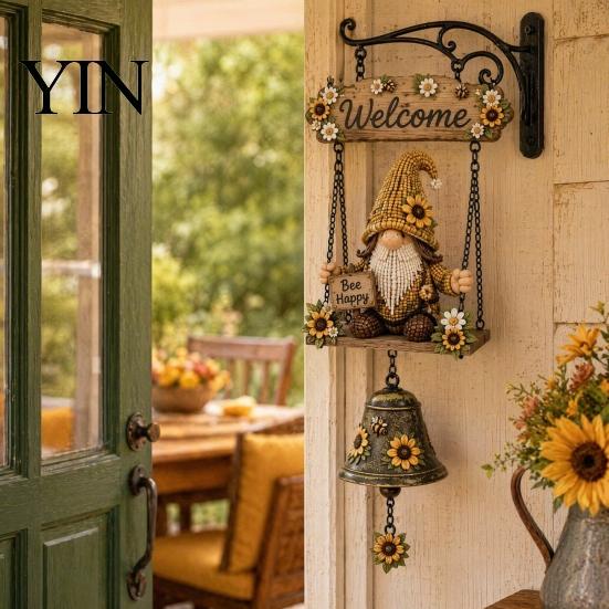 Farmhouse Doorbell Decoration Rustic Garden Gnome Bell, Large Gnomes Welcome Hanging Doorbell, Charming Dinner Bell For Porch Decor for Front
