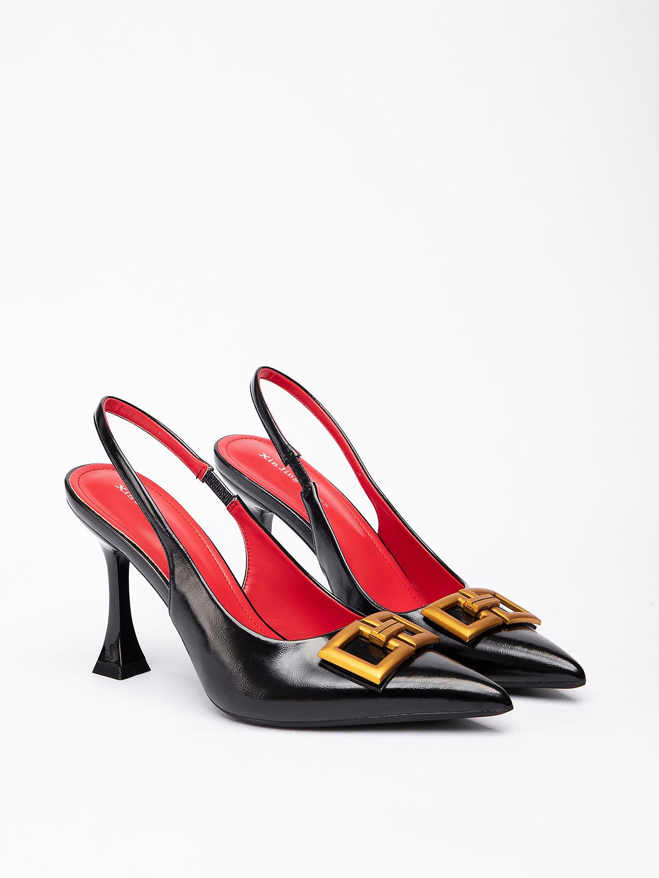 

7199-7 Metal square buckle pointed head shallow mouth high heel single shoes new rear trip strap single shoes patent leather rear empty women s single 40 чёрный