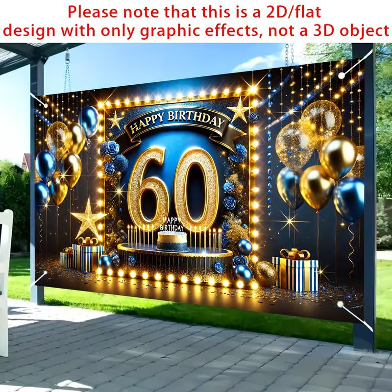 

2D Happy 60th Birthday Background Banner, Blue Gold Glitter Party Tapestry 47.2x31.5inch/120*80cm