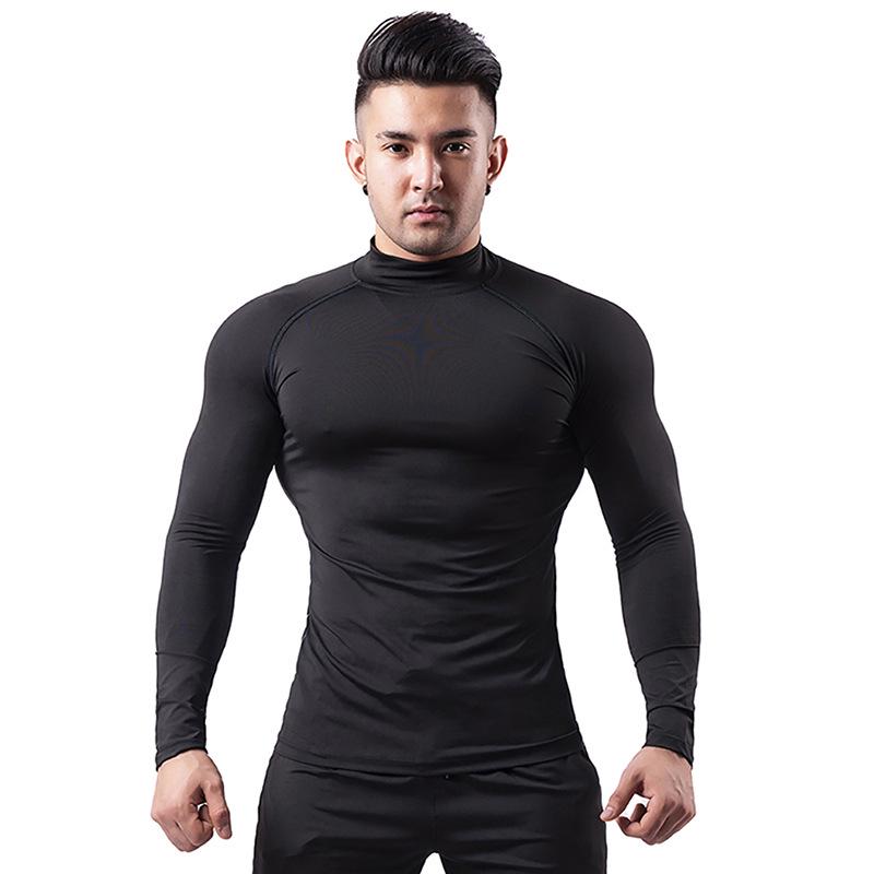 Men's Silk Grid High-Neck Performance T-Shirt - Elastic, Quick-Dry, Long-Sleeve for Autumn/Winter Running.