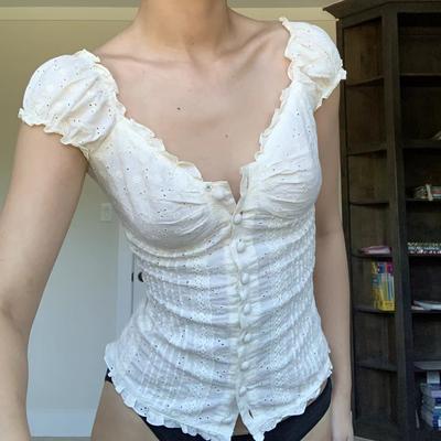 New Women's Pleated Shoulder Hanging Low Collar Button Folding Lace Top Full Embroidery Embroidered Top