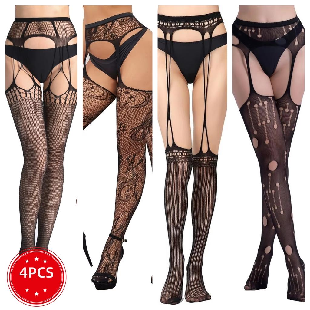 SIMPLEJEWEL 1pcs/4pcs Pantyhose Fishnet Sexy Thigh-High Stockings Tights Suspender Stockings for Women Garter Belt Stocking