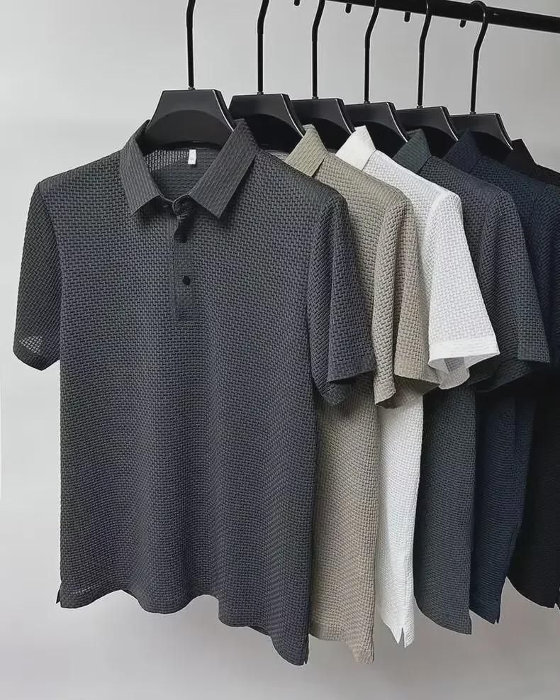 Men's Luxury Solid Color Jacquard Polo Shirt - Short-Sleeved, Light Business Casual, European Ice Silk.