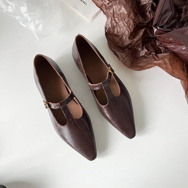 Four Seasons Soft Sole Leather Shoes New Women's Fashion Single Shoes Pointed Head Low Heel Non-slip Cow Sole Comfortable Leather Single Shoes Women