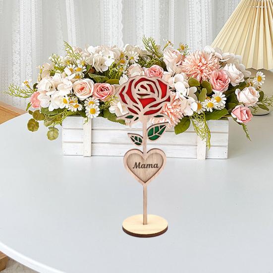 Wood Mama Rose Decoration with Stable Round Base Wooden 3D Carved Rose Flower Desktop Ornament Romantic Mother's Day Gift