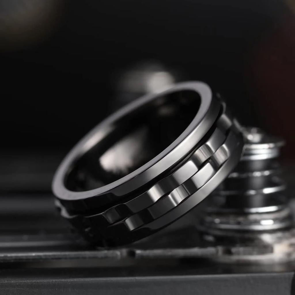 Fashion Punk Style Gear Rotating Anxiety Fidget Ring Titanium Steel Chain Spinner Rings For Men Rock Biker Wedding Party Jewelry