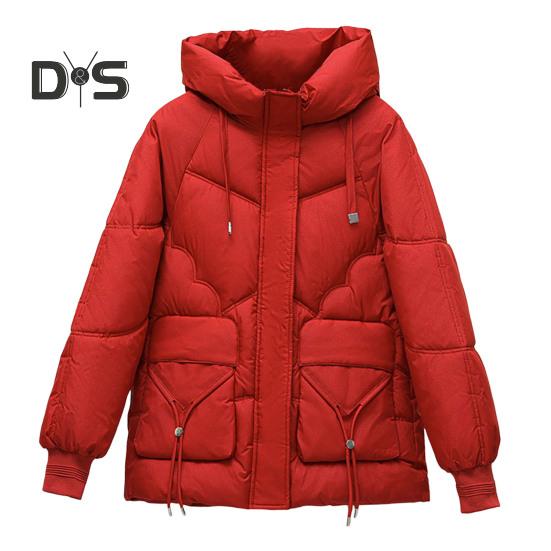 

Зимове пухове пальто, потовщені м’які кишені з капюшоном, застібка на блискавку, шнурок і кишені, вітронепроникний, що зберігає тепло, щоденний верхній одяг у холодну погоду M червоний