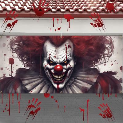 1pc2D Flat Halloween Theme Garage Door Background Cloth Banner - Horror Bloody clown,Halloween Decoration,no Power Required——sjs