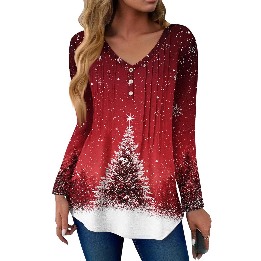 Women's Fashion Casual Christmas Tree Print V-Neck Decorative Button Long Sleeve T-Shirt Top