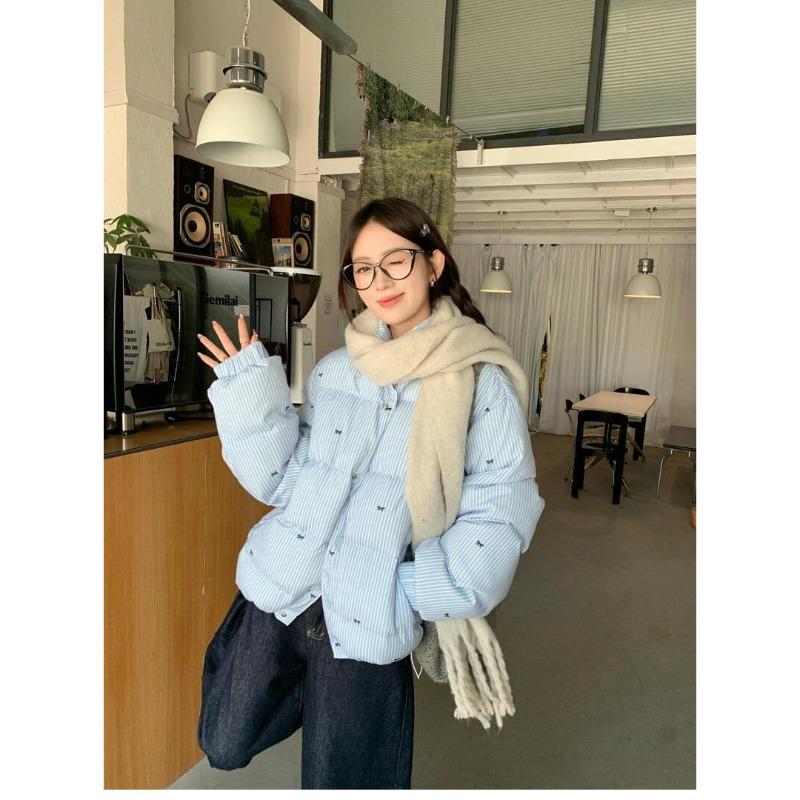 Wind striped bow cotton clothes winter new design sense versatile thickened warm jacket blue tide