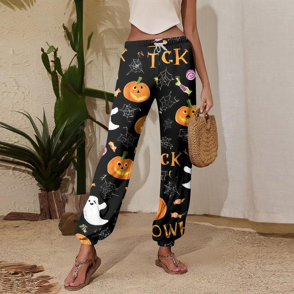 Women's Halloween Print Joggers Sweatpants - Drawstring Elastic Waist Cuffed Casual Pants for Fall Holiday Party