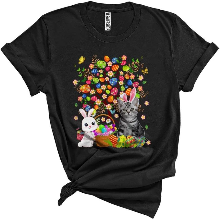 Bunny American Shorthair with Easter Egg Tree Cool Cute Easter Day Bunny Egg Hunt Cat Lover Unisex T-Shirt Black XXXXXL разноцветный