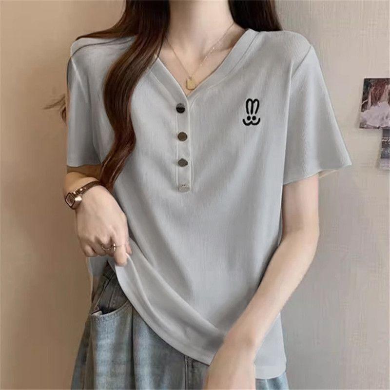 

Clearance Leak-Picking Counter Withdraw Extra Large Fat mm 150.00kg T-shirt Women Fashion Thread Embroidery Short sleeve Top Women Gray 2XL