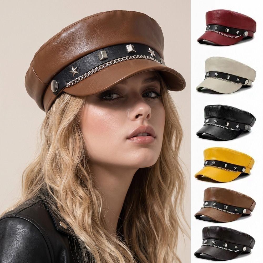 Y2k Star Rivet Beret Hip-hop Octagonal Cap Fashion Flat Top Cap for Girls