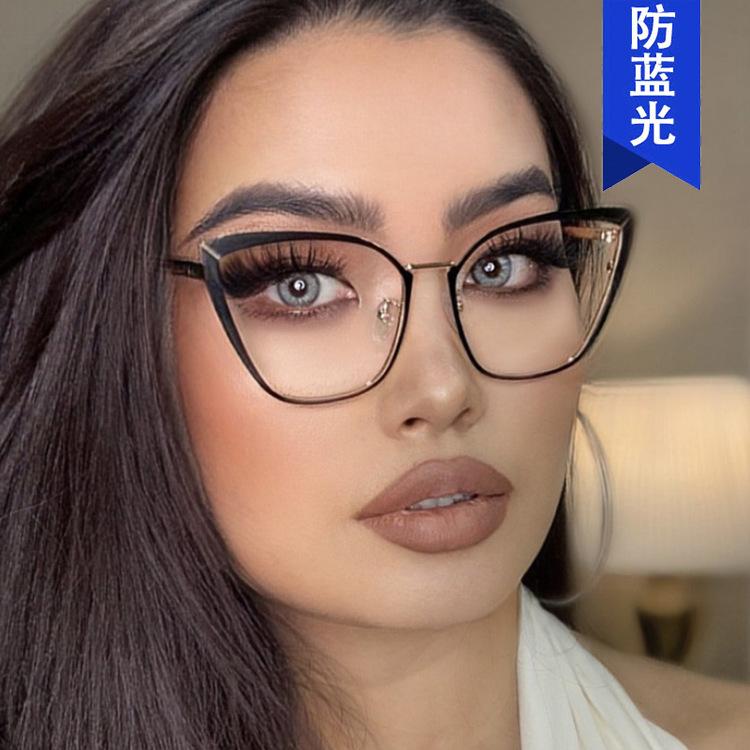European and American metal cat eye glasses frame new flat mirror plain anti-blue light can be matched with myopia glasses frame