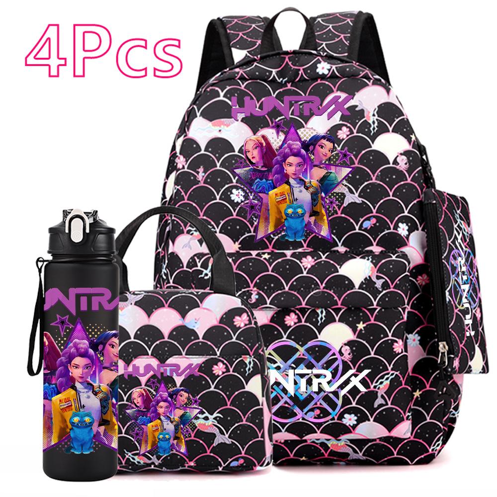 4Pcs/set Anime Cute Printed Backpack Large Capacity Bookbag HandBag Case Bag with 750ml Water Bottler Boy Girl SchoolBag Waterproof Mochila