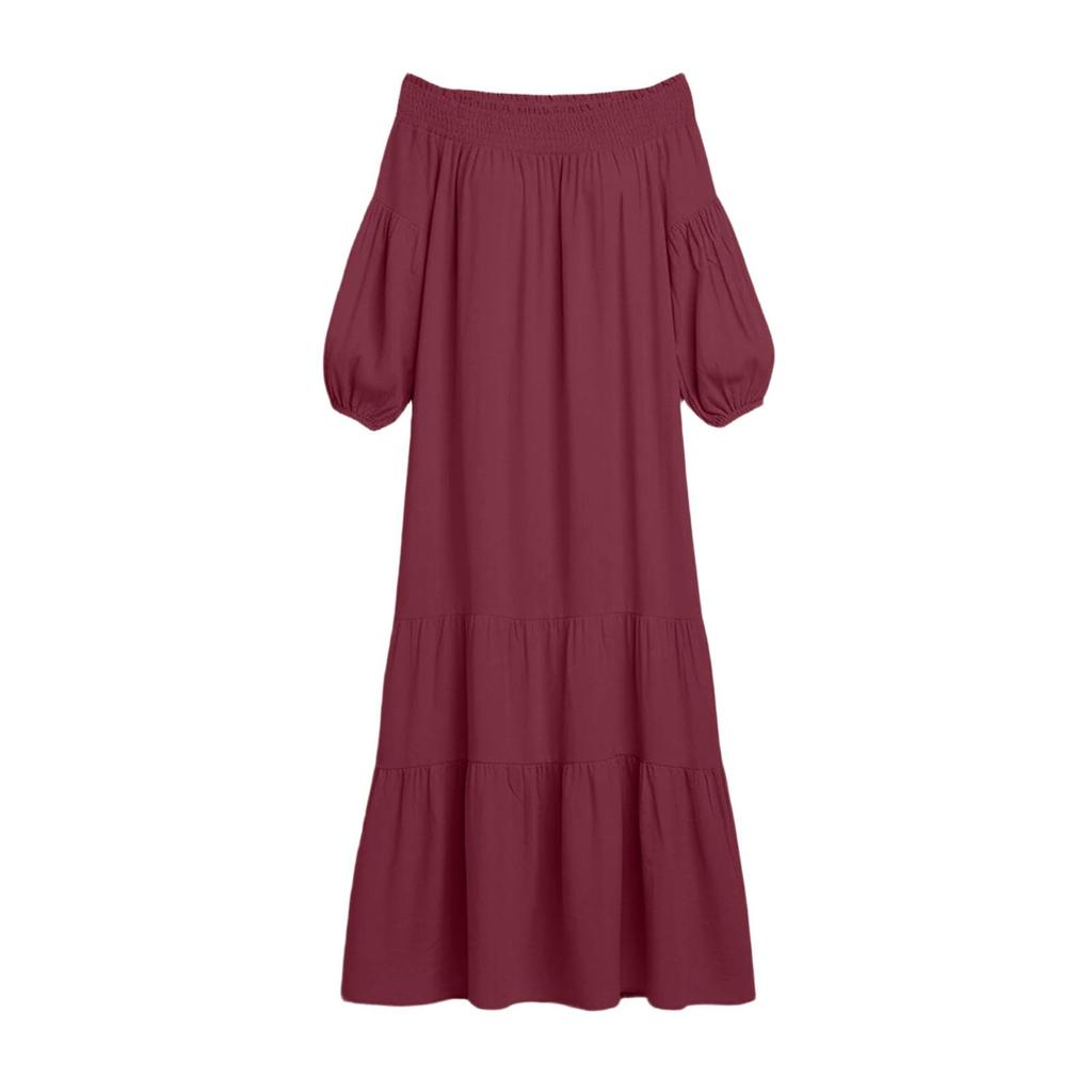 Womens Off Shoulder Maxi Dress Puff Sleeve Loose Fit Tiered Dresses Lightweight Boho Casual Dress