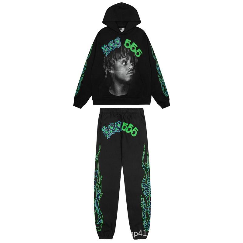 Mens Casual Tracksuit Spider Web Print Hooded Sweatshirt Jogger Pants Set Fall Thin Fit Streetwear