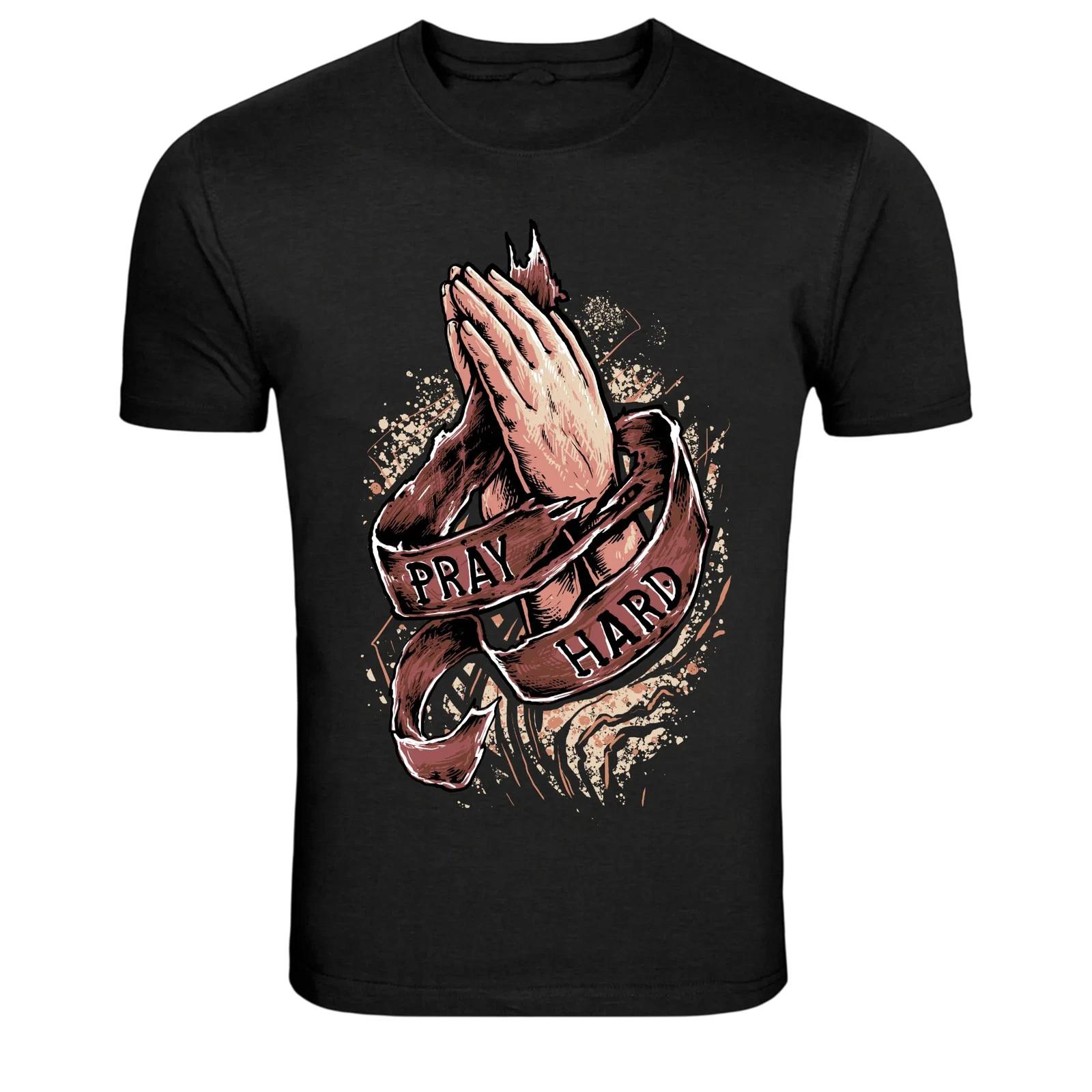 

Praying Hands Pray Hard Faith Tattoo Style Graphic T-Shirt L