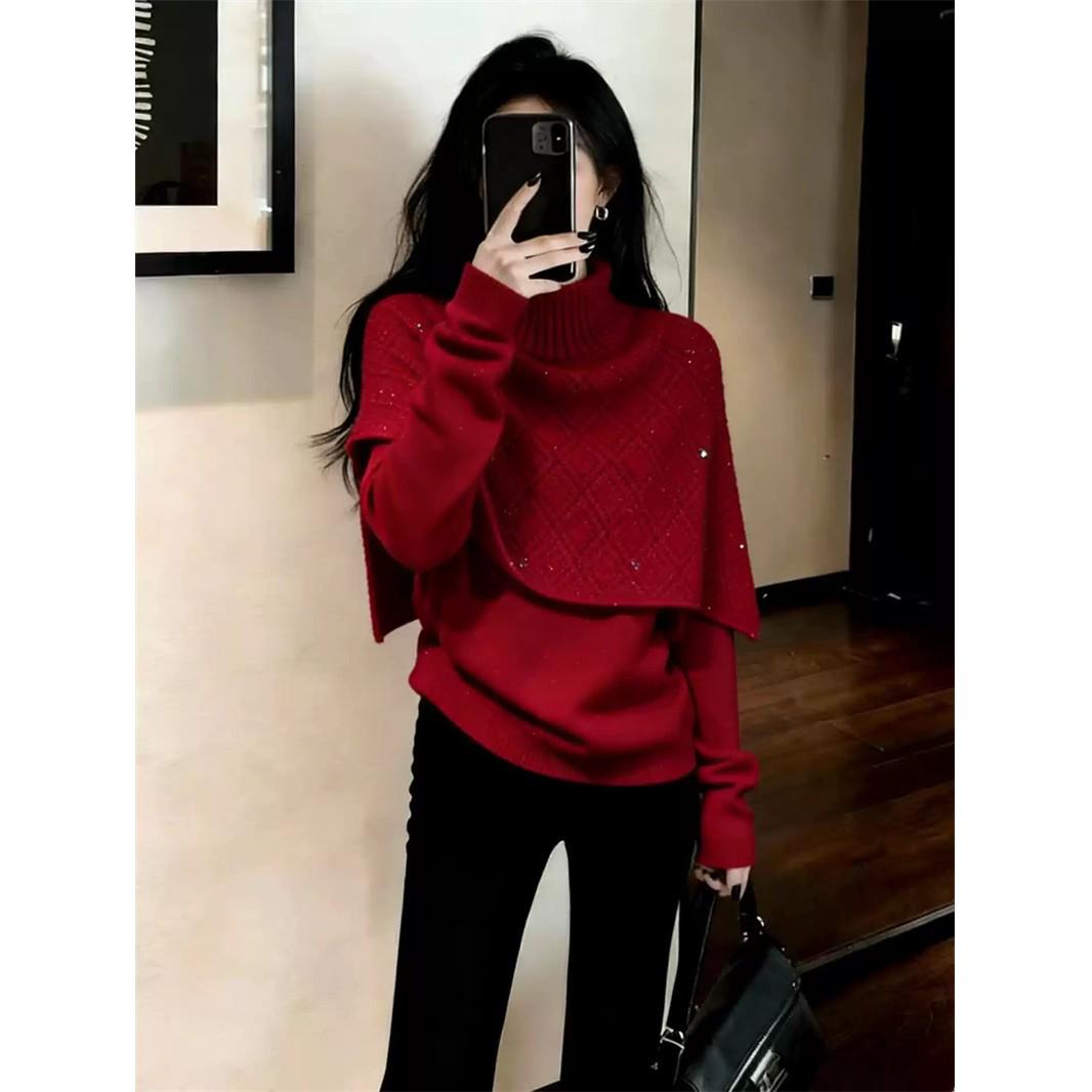 

2026 Early Spring Red Patchwork Cloak Shawl Knitted Sweater for Women – New Year Style, High-End Feel 2XL