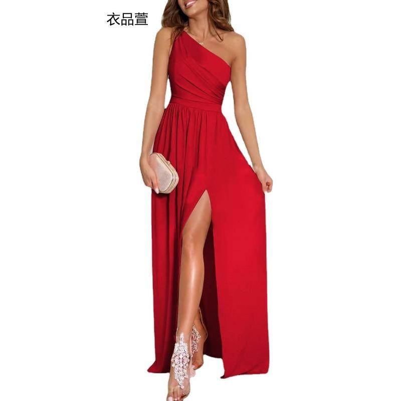 New product, sexy solid color single shoulder hollow neck high waist split super long dress women's clothing