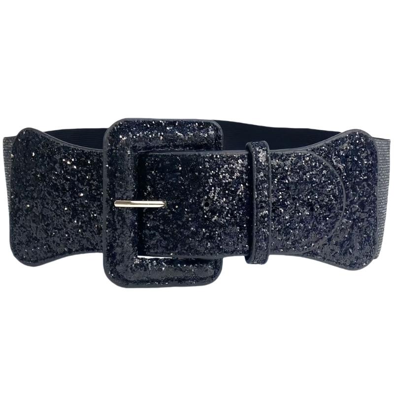 

Блестящий корсетный пояс с квадратной пряжкой для женщин, пояс из пайеток, универсальный эластичный пояс, повседневное использование, украшение для талии чёрный