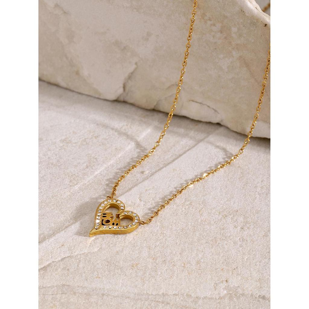 18k Gold Stainless Steel Heart MOM Necklace with Rhinestones, 45+5cm