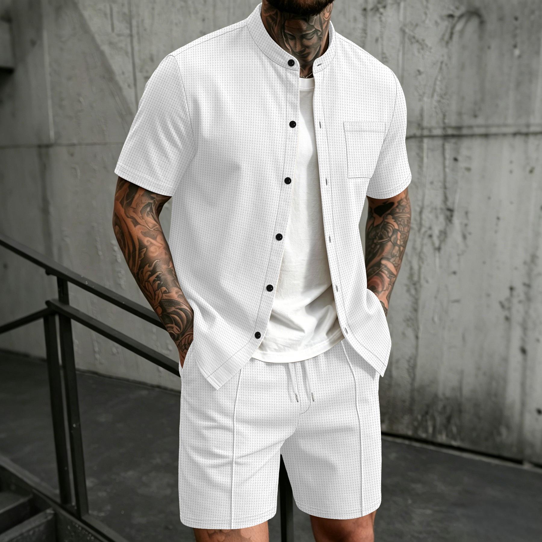 Mens Summer Waffle Solid Color Stand Collar Short Sleeve Shirt And Shorts Set S белый