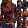 Women's Long Sleeve Round Neck Top with Halloween Print and Side Split Hem
