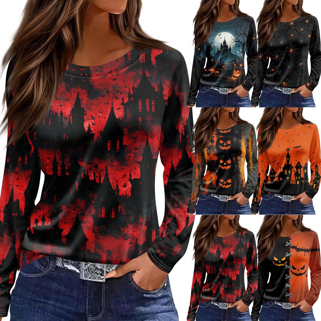 Women's Long Sleeve Round Neck Top with Halloween Print and Side Split Hem